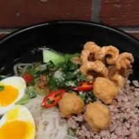 Clear Broth Noodle Soup · Shrimp ball, ground pork, bean sprout & bok choy topped with crispy pork & boiled egg.