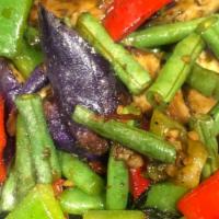 Sautéed String Bean & Eggplant · Sautéed string bean & eggplant, bell pepper in spicy brown sauce.