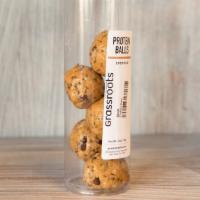 Protein Balls · organic, GF, Vegan.
Peanut butter protein balls with dark chocolate chips, vegan protein pow...