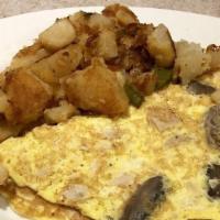 Gourmet Omelette · Mushrooms, fresh turkey and cheddar cheese. Served with home fries and toast.