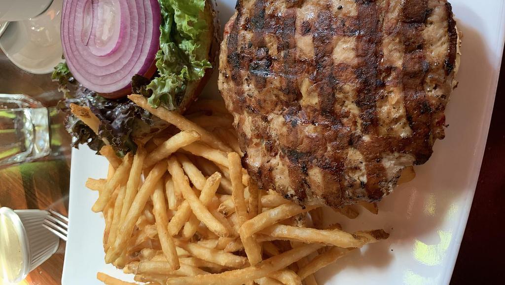 Turkey Burger With French Fries · Blended with onions and red peppers.