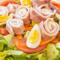 Chef Salad · Mixed greens, tomato, red onions, roasted pepper, cucumber, hard-boiled egg, with turkey, ha...