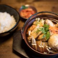 Odeng Stew · Fish cake soup with mixed vegetable served with a bowl of white rice and side of kimchi.