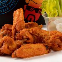 Buffalo Wings · Guy's signature buffalo sauce, blue-sabi (blue cheese & wasabi) dipping sauce.