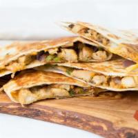Chicken Quesadilla · Grilled chicken, onion, Greek peppers, mozzarella, and Cheddar cheese. Served with avocado, ...