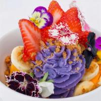 Maui Mountain Bowl · Purple sweet potato puffed rice, strawberry papaya banana, and lime agrodolce.