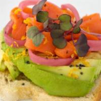 Avo Toast - Lox · Delicious smoked salmon served with avocado, pickled red onion, lemon zest, black lava salt,...