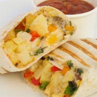 Breakfast Burrito · Flour tortilla, egg, chicken sausage, potato, cheese, cashew cream, cilantro, bell peppers a...