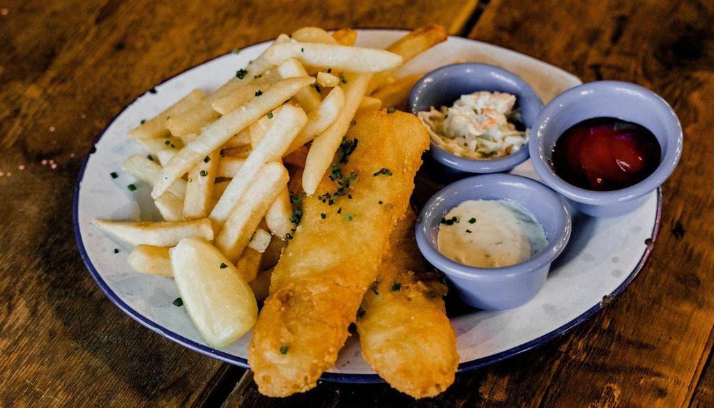 Fish & Chips · Classic beer battered cod fillets with french fries.  Served with a side of tartar sauce, malt vinegar and a lemon.