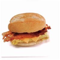 Bacon, Egg And Cheese Sandwich · Delizioso,  2 Bacon, 2 Eggs, 2 Slice of Yellow American Cheese on Portuguese roll