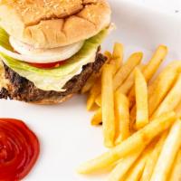 Hamburger · Angus all beef burger topped with lettuce, tomato and onion served with french fries