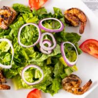 Grilled Shrimp Salad · Jumbo grilled shrimp, romaine lettuce, tomato, onions, Italian dressing