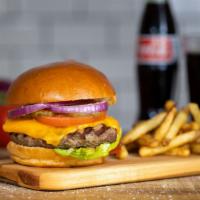 Double Cheeseburger · Two beef patties, lettuce, tomato, onion, mayo, and melted cheddar cheese on a warm classic ...