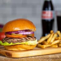 Double Burger · Two American beef patties, lettuce, tomato, onion, and mayo on a warm classic bun. Add fries...