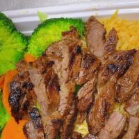 Steamed Broccoli Entree With Grilled Steak · Served with mexican rice.
