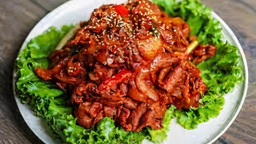 Pork Bulgogi · Stir fried thinly sliced pork and vegetable in hot and sweet sauce.