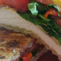 Lemon Pesto Grilled Chicken · Grilled chicken, lemon pesto mayo, melted Mozzarella, roasted red peppers, red onion, and fr...