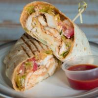 The Winger · A hot buffalo grilled chicken wrap with gorgonzola cheese crumbles, melted swiss, lettuce, a...