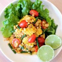 Corn Salad · Corn salad with long beans, tomato, dried shrimps, and peanuts