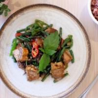 Moo Grob · Crispy pork belly in spicy basil sauce with long beans and red peppers