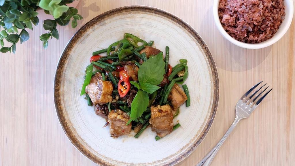 Moo Grob · Crispy pork belly in spicy basil sauce with long beans and red peppers