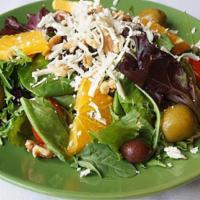 Sm Da-Angelo Salad · Mesclun salad topped with walnuts, dried cranberries, fresh oranges, tomatoes, olives & gorg...