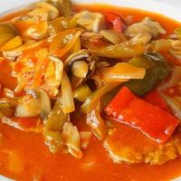 Chicken Scarpariello · Oven roasted pieces of chicken on or of the bone with vinegar peppers, mushrooms & sausage i...