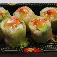 Spicy Tuna Crystal Roll · Eight pcs / each. Fresh lettuce, Creamy Avocado, Seaweed salad, and Sushi rice wrapped in ri...