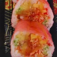 Paradise Shrimp Tempura Roll · Shrimp tempura, spicy crunchy kani, avocado, cucumber& mango wrapped in soybean paper