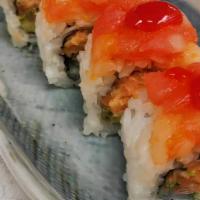 Galaxy Roll · Spicy crunchy salmon, avocado inside, topped with white and red tuna& special sauce
