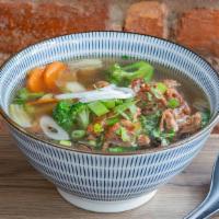 Vegetable Pho · Seasoned soy protein, cabbage, broccoli, carrots, mushroom with vegetable broth.