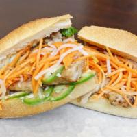 Lemongrass Chicken Banh Mi · Grilled marinated chicken with mayo dressing, cucumber,   cilantro, pickled daikon and carrot.