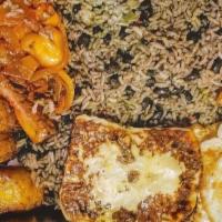 Gallo Pinto · Chicken, steak, fish or beef in sauce. Served with rice & beans, cheese, eggs and fried swee...