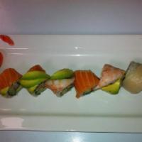 Manhattan Roll · Spicy tuna & cucumber crunched inside topped w. shrimp, white tuna, salmon & avocado.