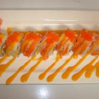 Dancing Roll · Eel, cucumber inside and top with crab, spicy mayo and eel sauce.