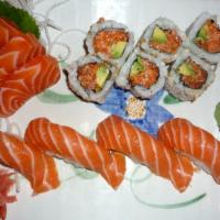 Salmon Lover · 4 Pcs. salmon sushi, 3 pcs. salmon sashimi & spicy salmon avocado roll.