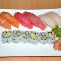 Tri-Color Sushi · 2 Pcs. of salmon, tuna, yellowtail & California roll.
