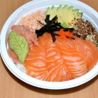 Salmon Bowl · Salmon, avocado, caviar w. sushi rice.