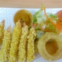 Shrimp Tempura · Deep fried 3 shrimp & 3 vegetable.
