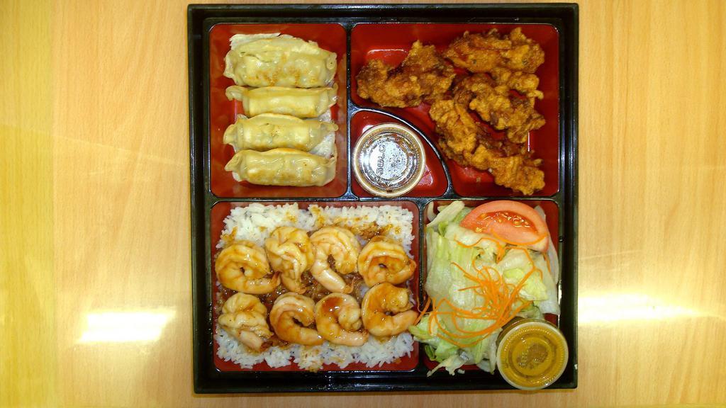 Shrimp Teriyaki W. Gyoza & Tokyo Fried Chicken · 