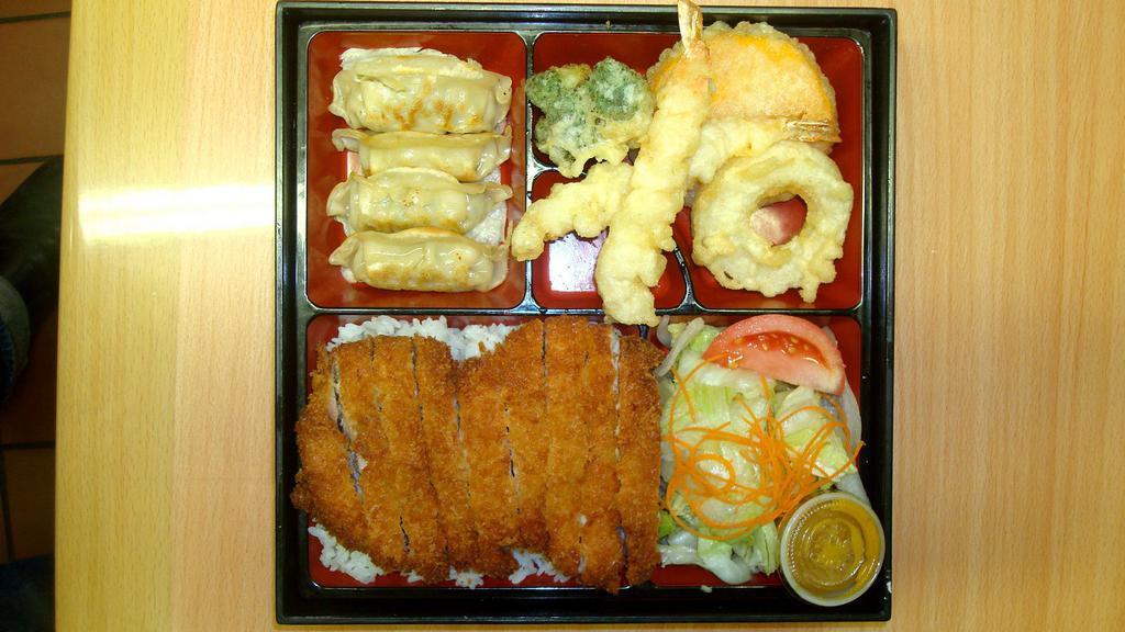 Chicken Katsu Combination Deluxe · w. Salad, California Roll, Tempura & Rice.