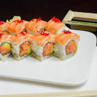 Baruch Roll · Crunch spicy tuna, avocado inside, topped with sliced fresh salmon and red tobiko.