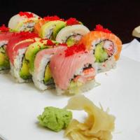 Rainbow Roll · Crab meat, cucumber, avocado, with raw fish, tobiko on top