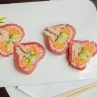 Sweet Heart Roll · Spicy crab meat, avocado, with tuna on the top used soybean paper