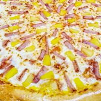 Large Hawaiian Pizza · One large round pizza with pineapple and ham.
