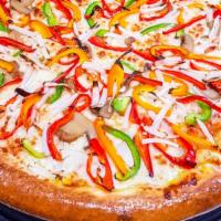 Large Three Veggie Pizza · One large round pizza with three topping vegetable like (mushroom, onion, green pepper). 270...
