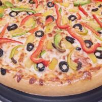 Large Five Veggie Pizza · One large round pizza with five topping vegetable like mushroom, onion, green pepper, black ...