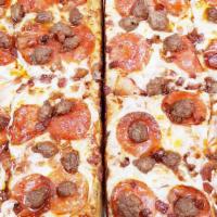 Squire 3 Meat Pizza · Large Sicilian deep dish pizza with pepperoni, sausage and bacon.