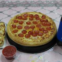 Combo 2 · 1 Large round cheese/pepperoni pizza+10 pieces cheese garlic bread and 2 liter soda.
