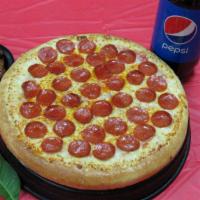 Combo 3 · 1 Large round cheese/pepperoni pizza+8 pieces chicken wings and 2 liter soda.